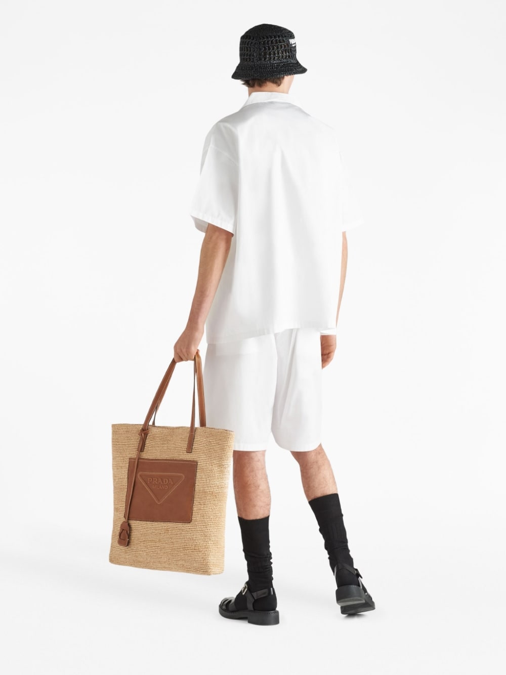 Pra*a triangle-logo raffia tote bag