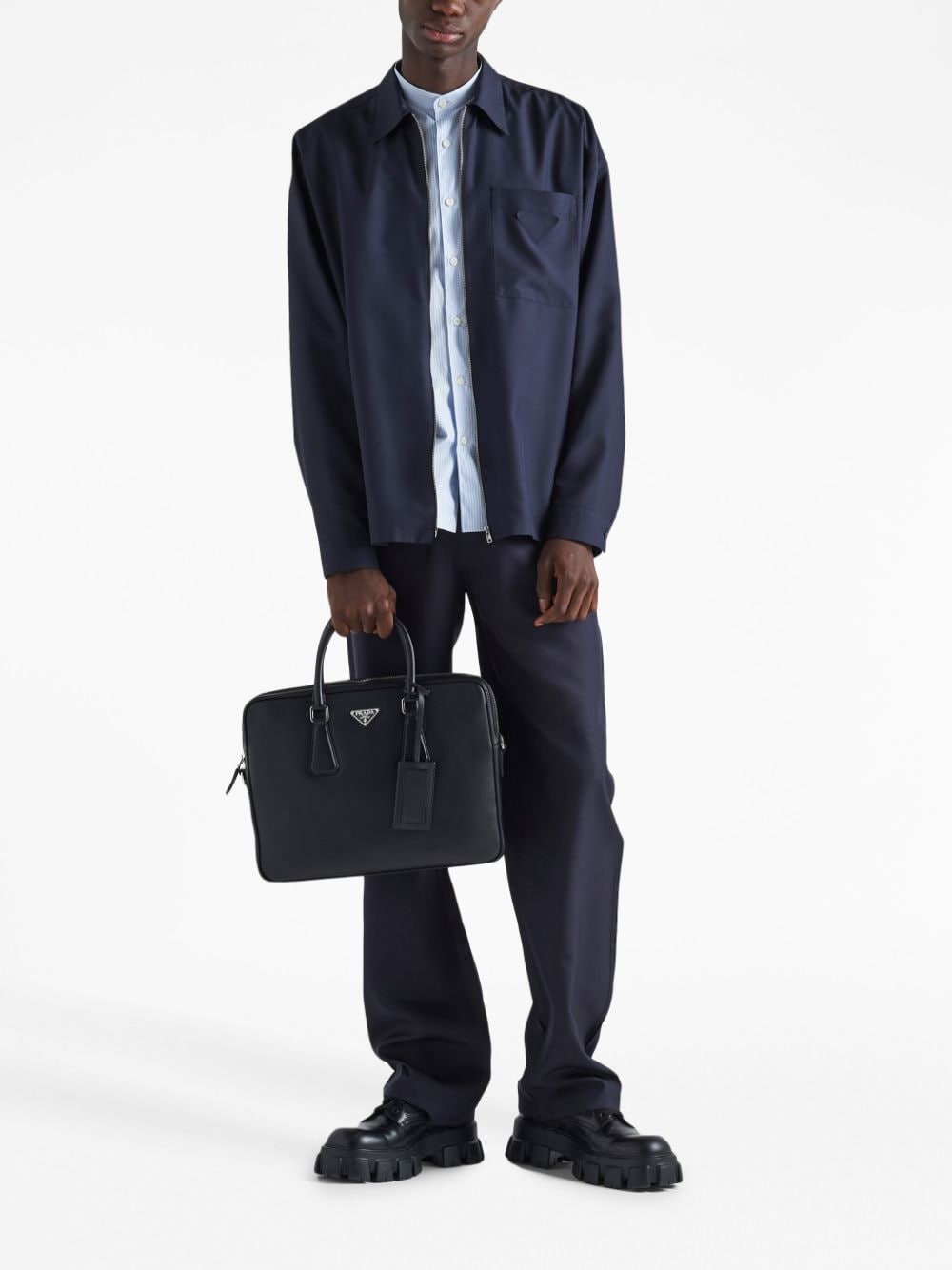 Pra*a triangle-logo saffiano leather briefcase