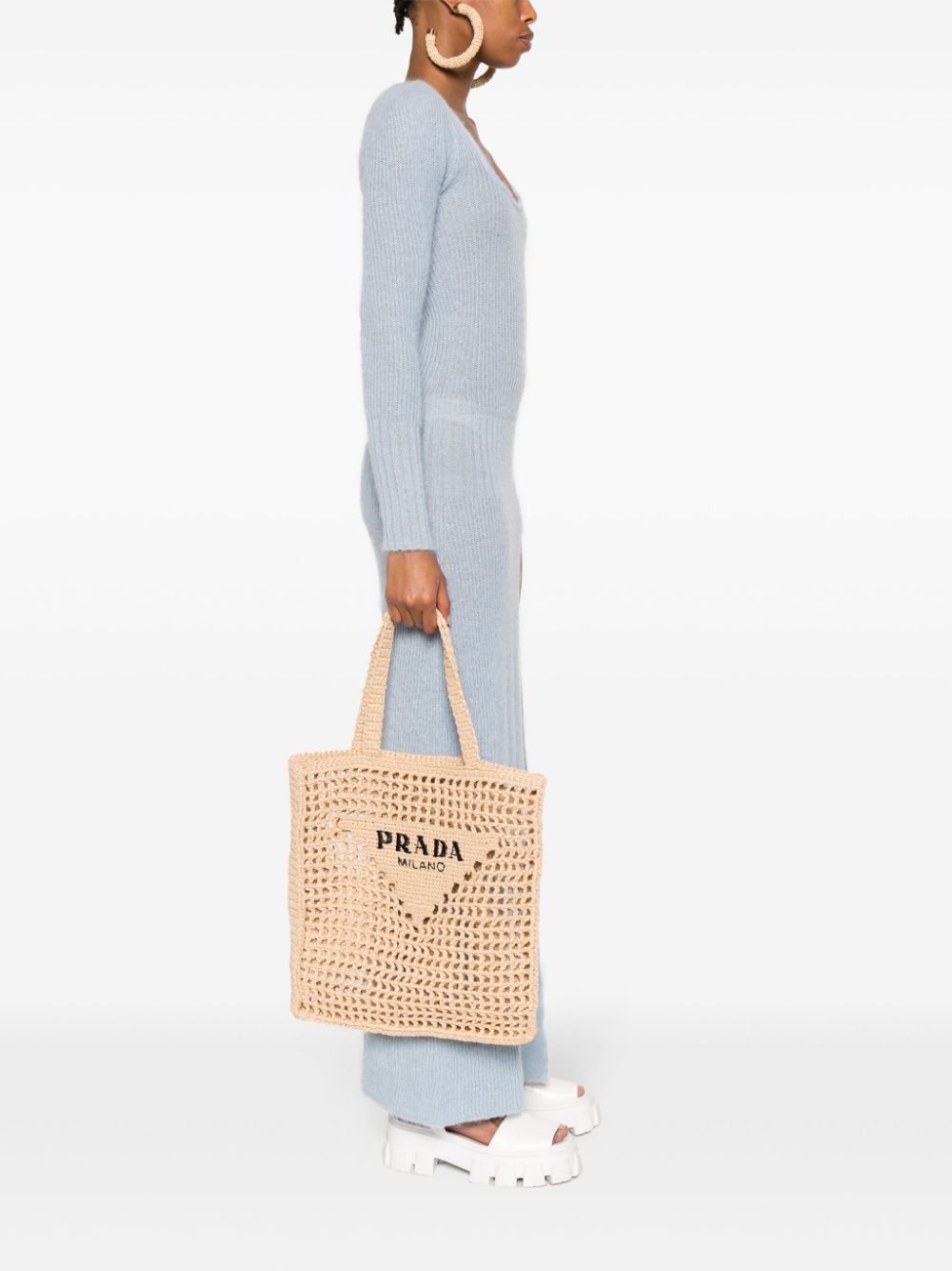 Pra*a triangle-logo raffia tote bag