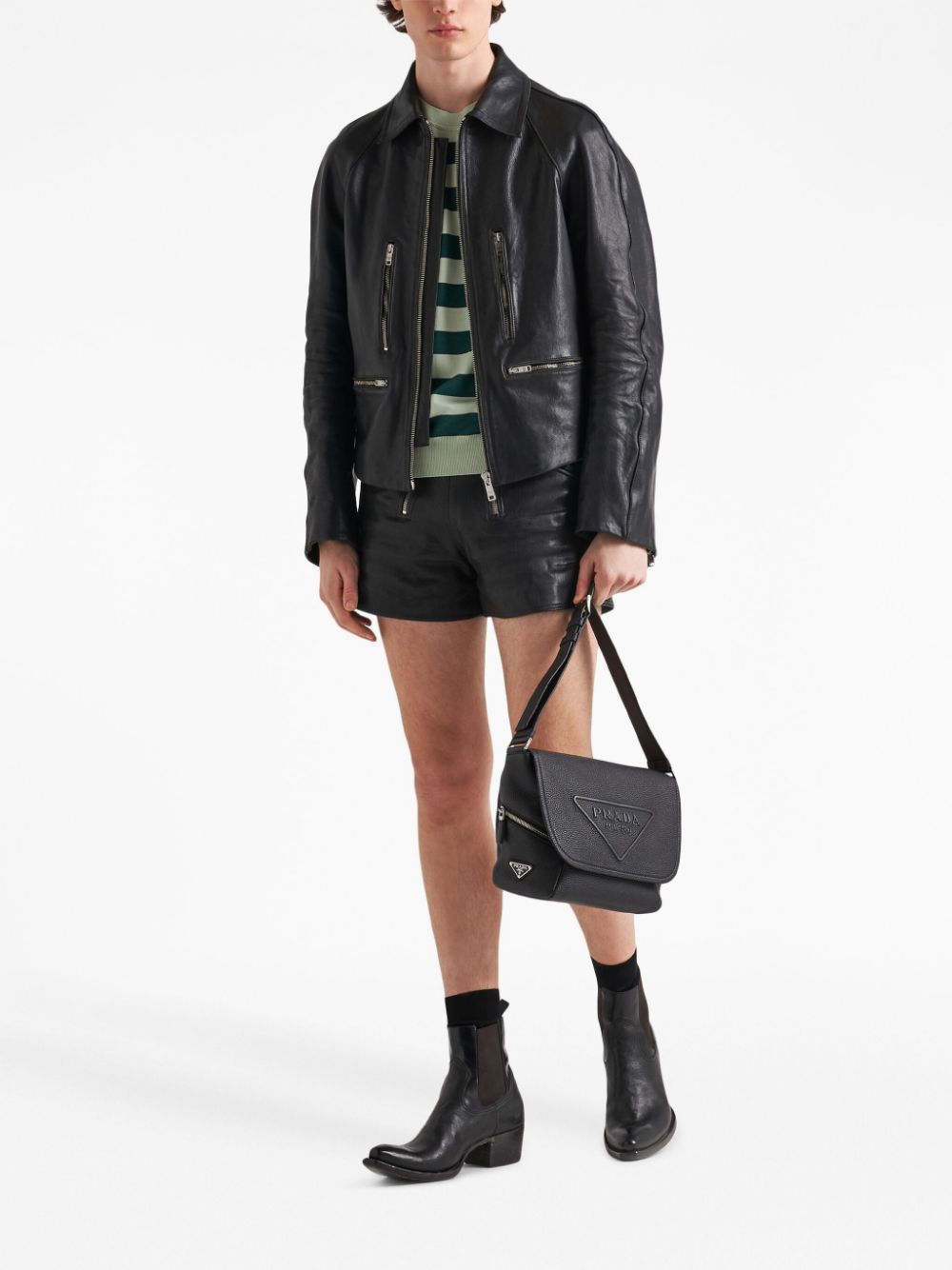 Pra*a logo-embossed leather messenger bag