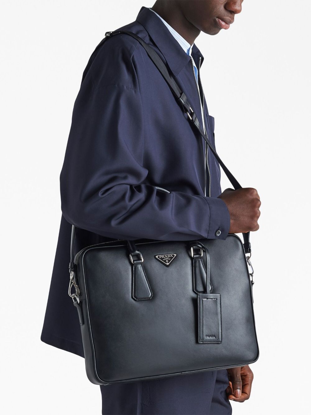 Pra*a triangle-logo saffiano leather briefcase