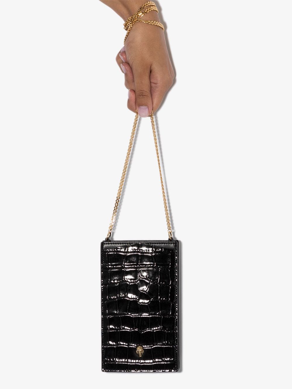 Alexander McQueen skull-plaque crocodile-effect phone pouch 16×9.5cm